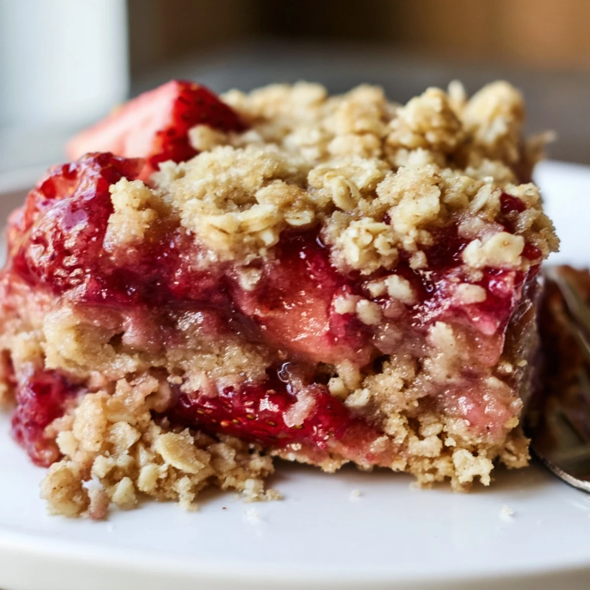 Baked Strawberry Oatmeal Crumble Bars served with melting vanilla ice cream scoop