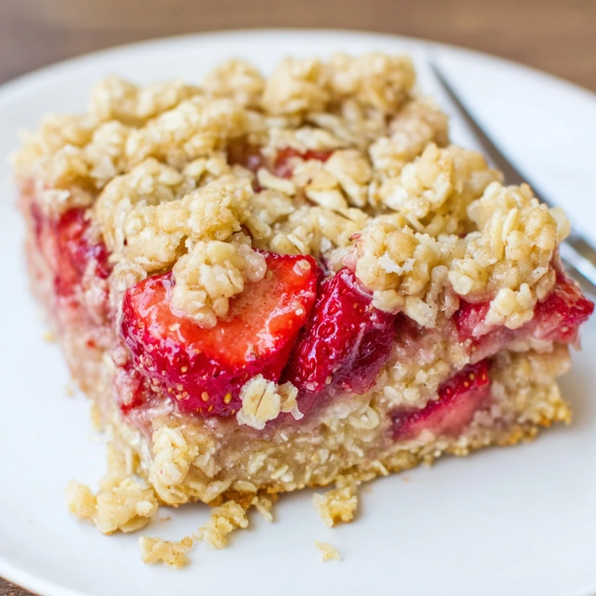 Freshly sliced Strawberry Oatmeal Crumble Bars cooling in parchment lined pan, oaty crunch