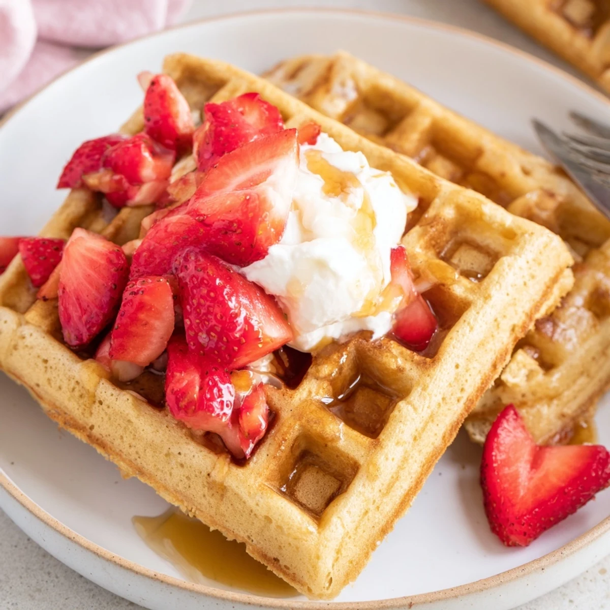 Strawberry Waffles Recipe: golden, fluffy waffles topped with syrup and strawberries