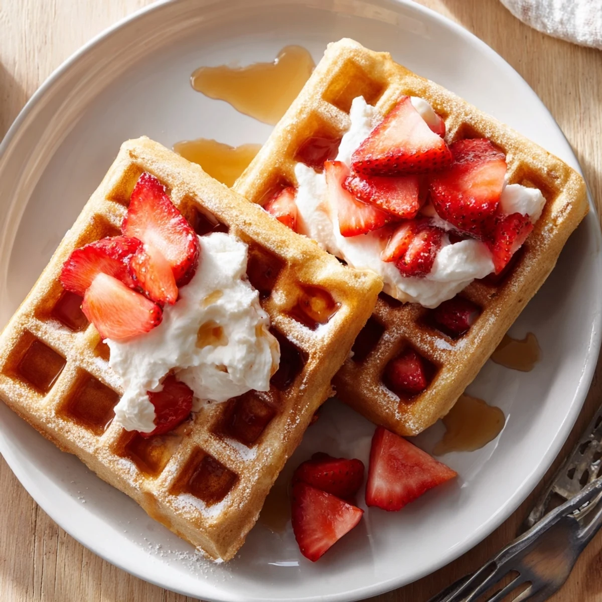 Warm Strawberry Waffles Recipe served with whipped cream and maple syrup