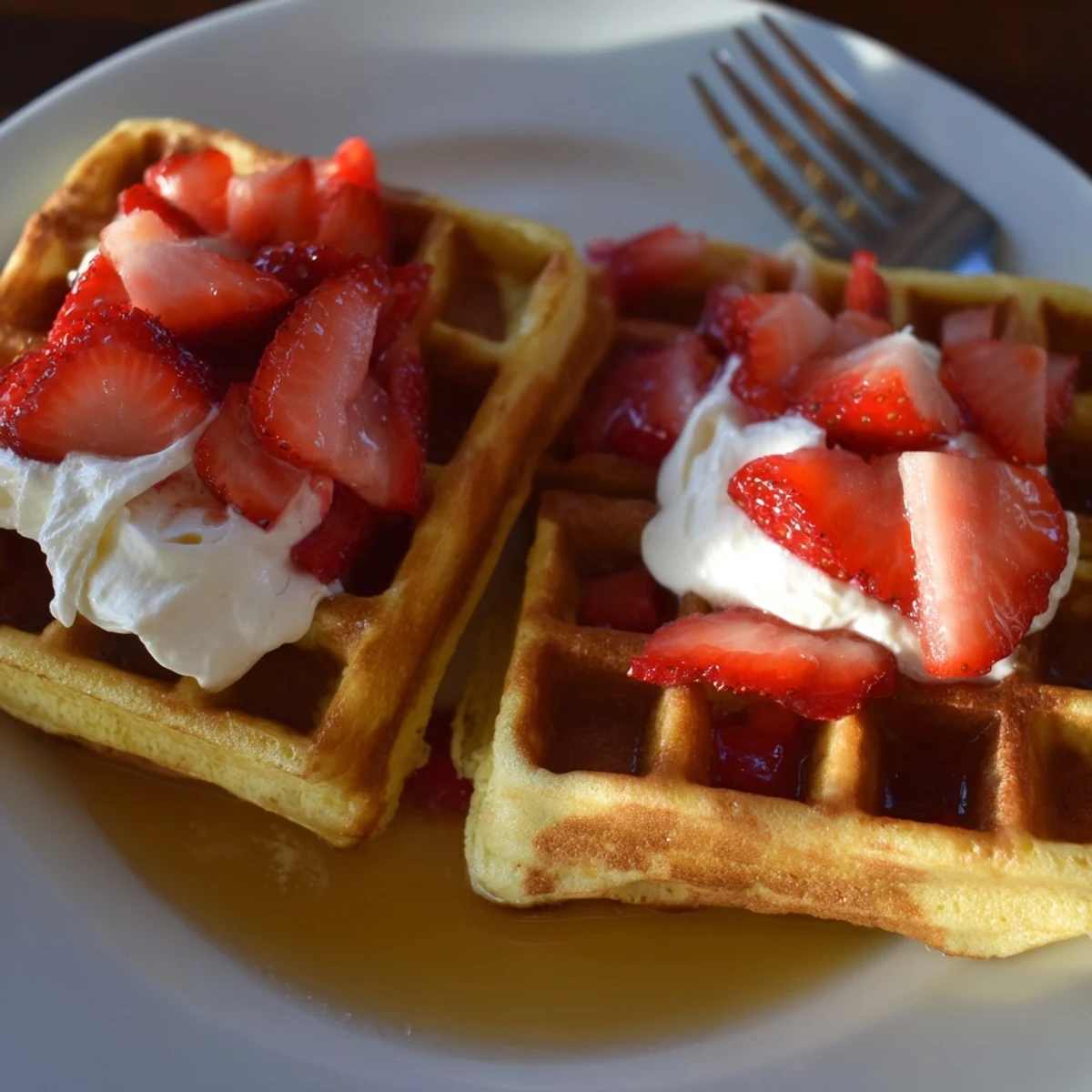 Crisp-edged Strawberry Waffles Recipe straight from waffle iron, juicy berries inside