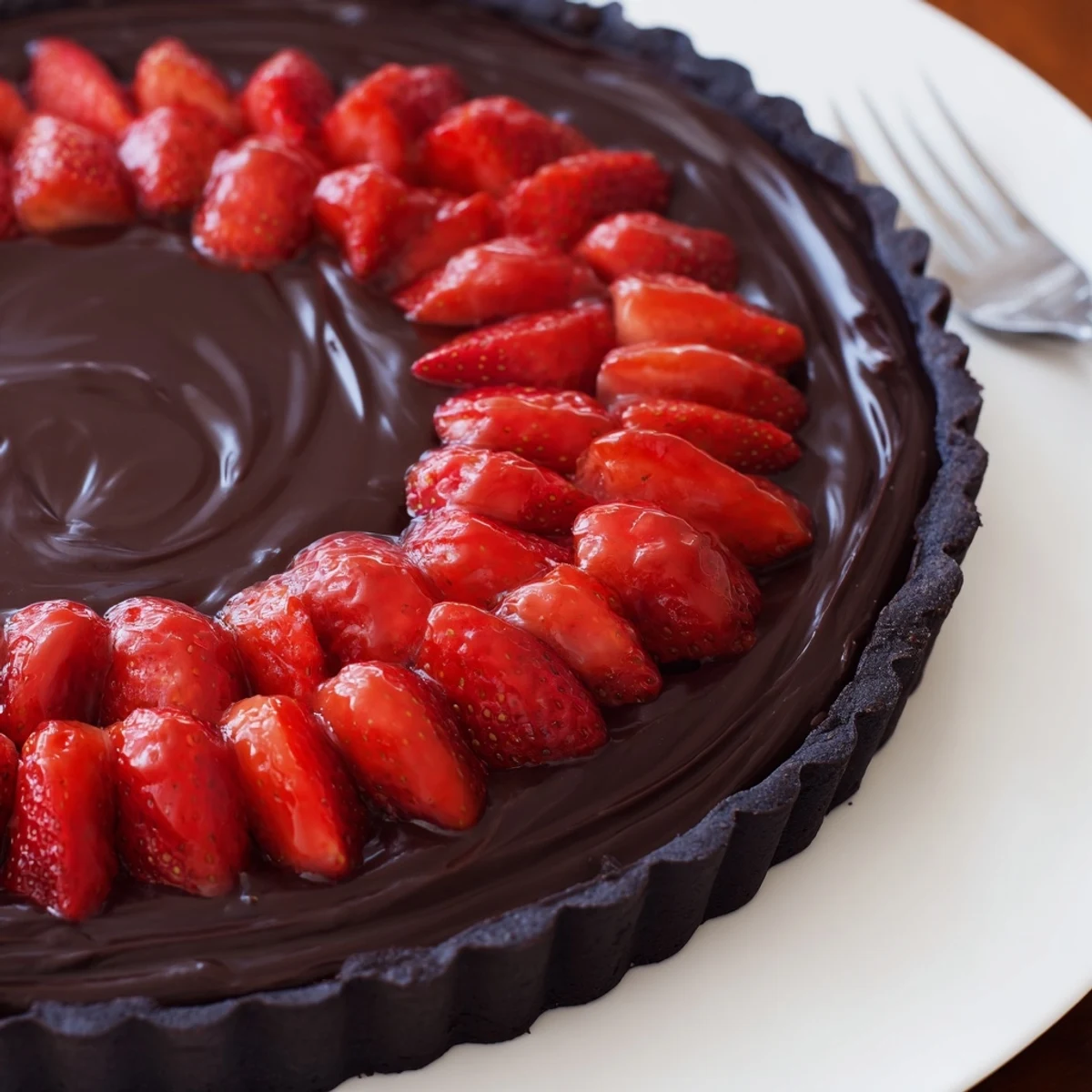 Dark Chocolate Strawberry Tart glistening with halved strawberries on chilled ganache