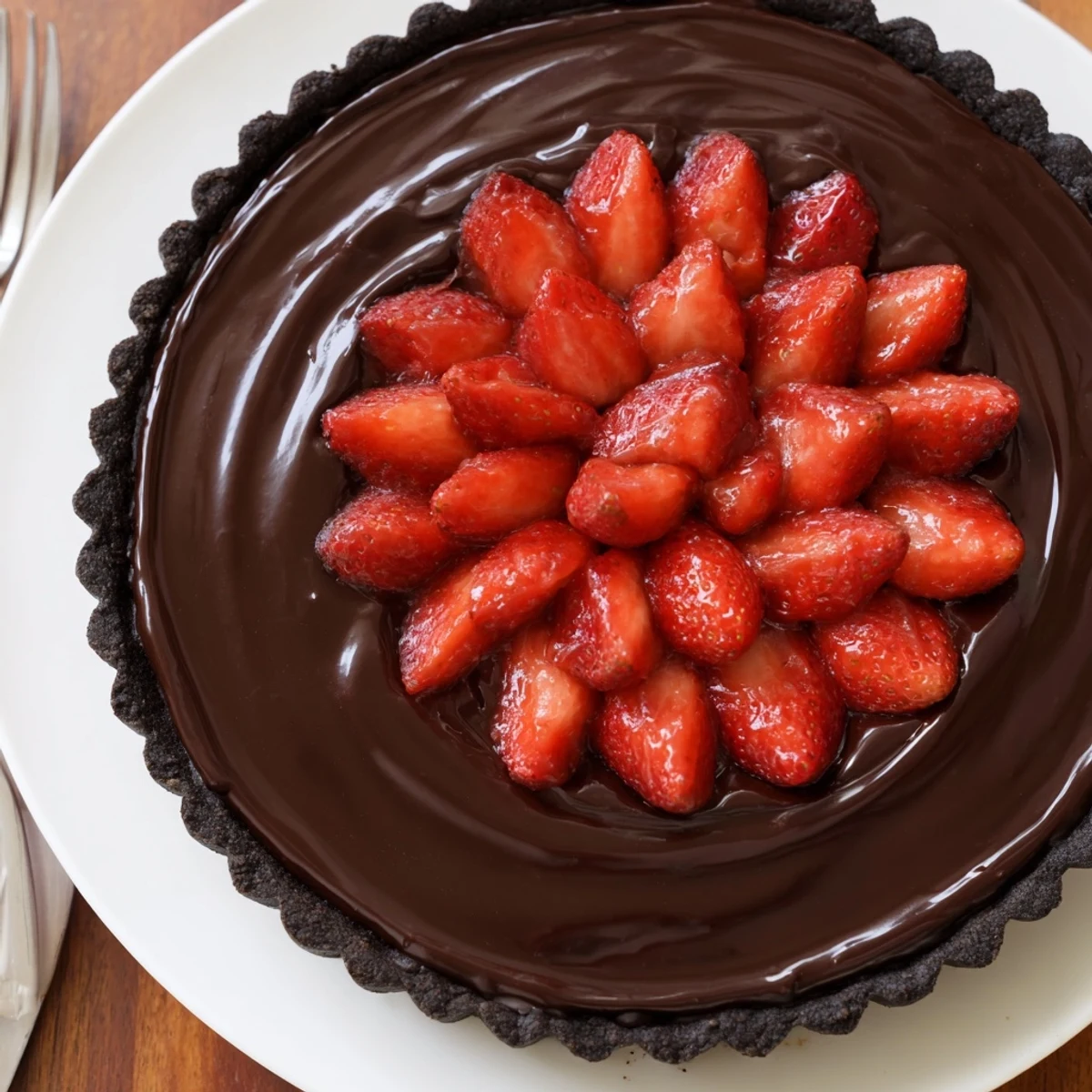 Fork-ready Dark Chocolate Strawberry Tart topped with ripe berries, silky chocolate sheen