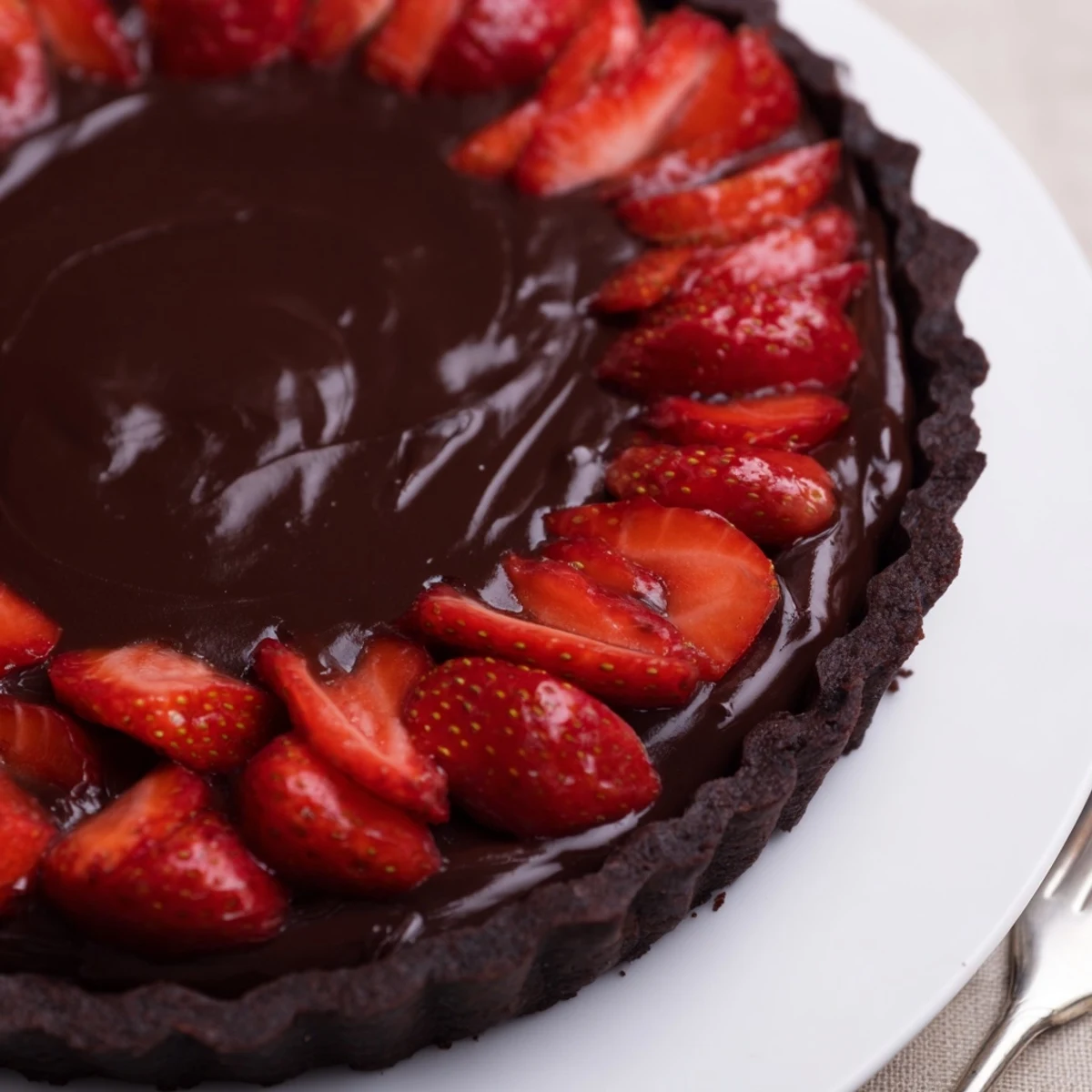 Sliced Dark Chocolate Strawberry Tart recipe on a wooden board, powdered sugar