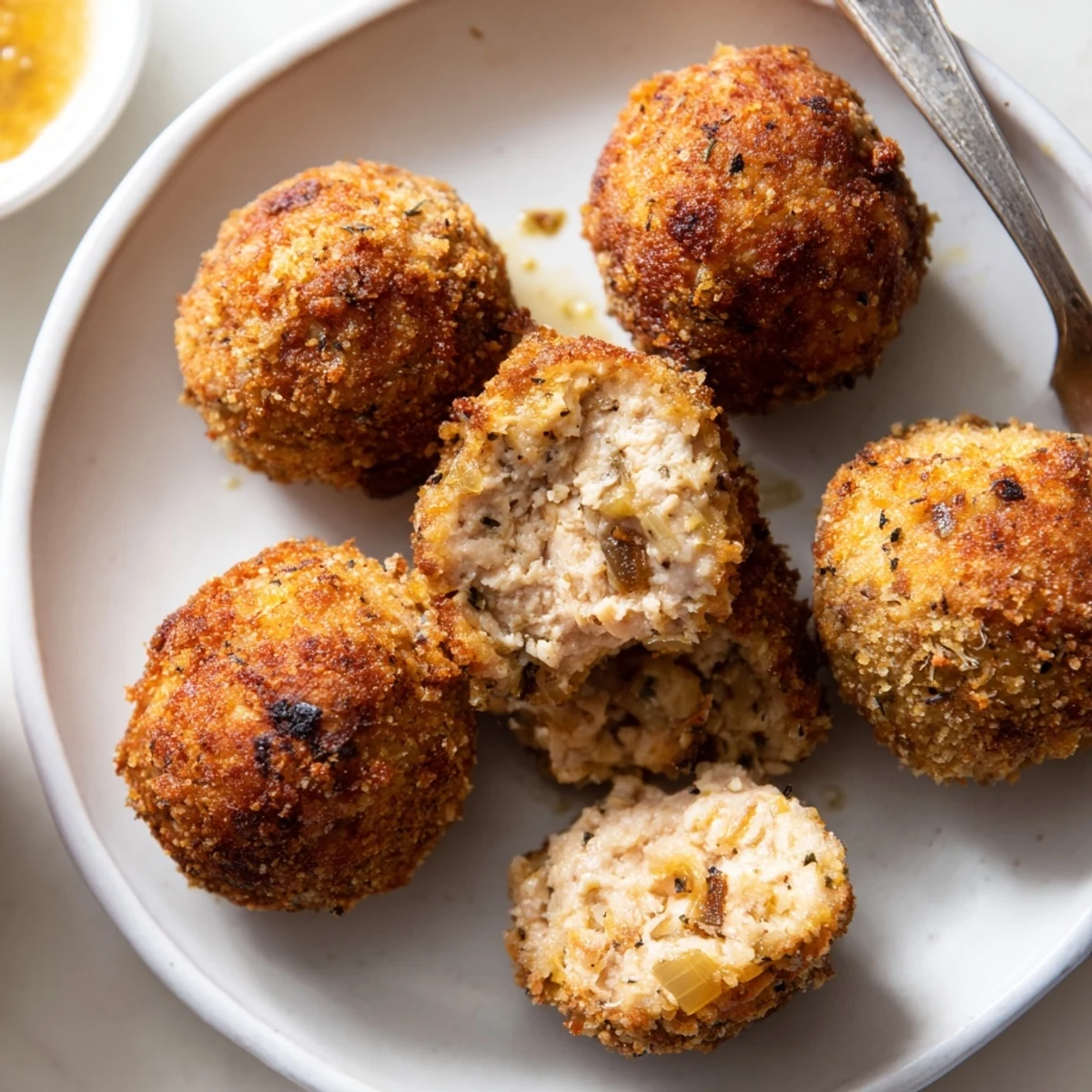 Warm Sage Onion Chicken Balls served with honey mustard dip, steam rising  