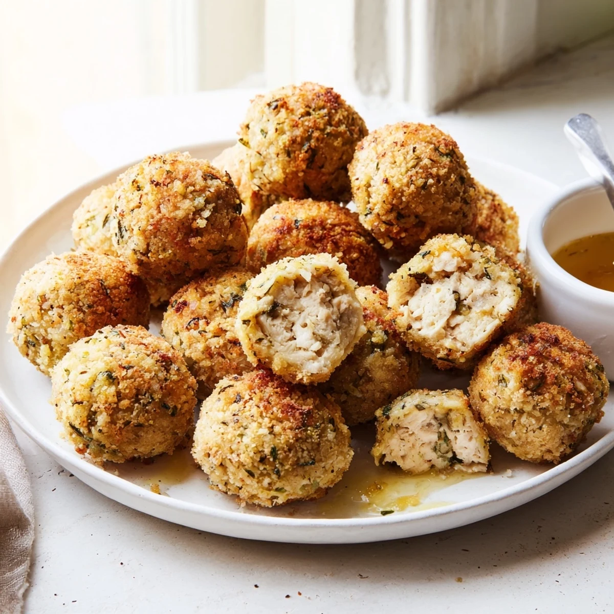 Crispy baked Sage Onion Chicken Balls nestled on plate with herb flecks