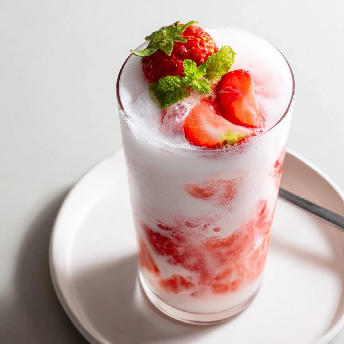 Chilled Strawberry Coconut Cooler Recipe in glass, frothy pink texture, mint garnish.
