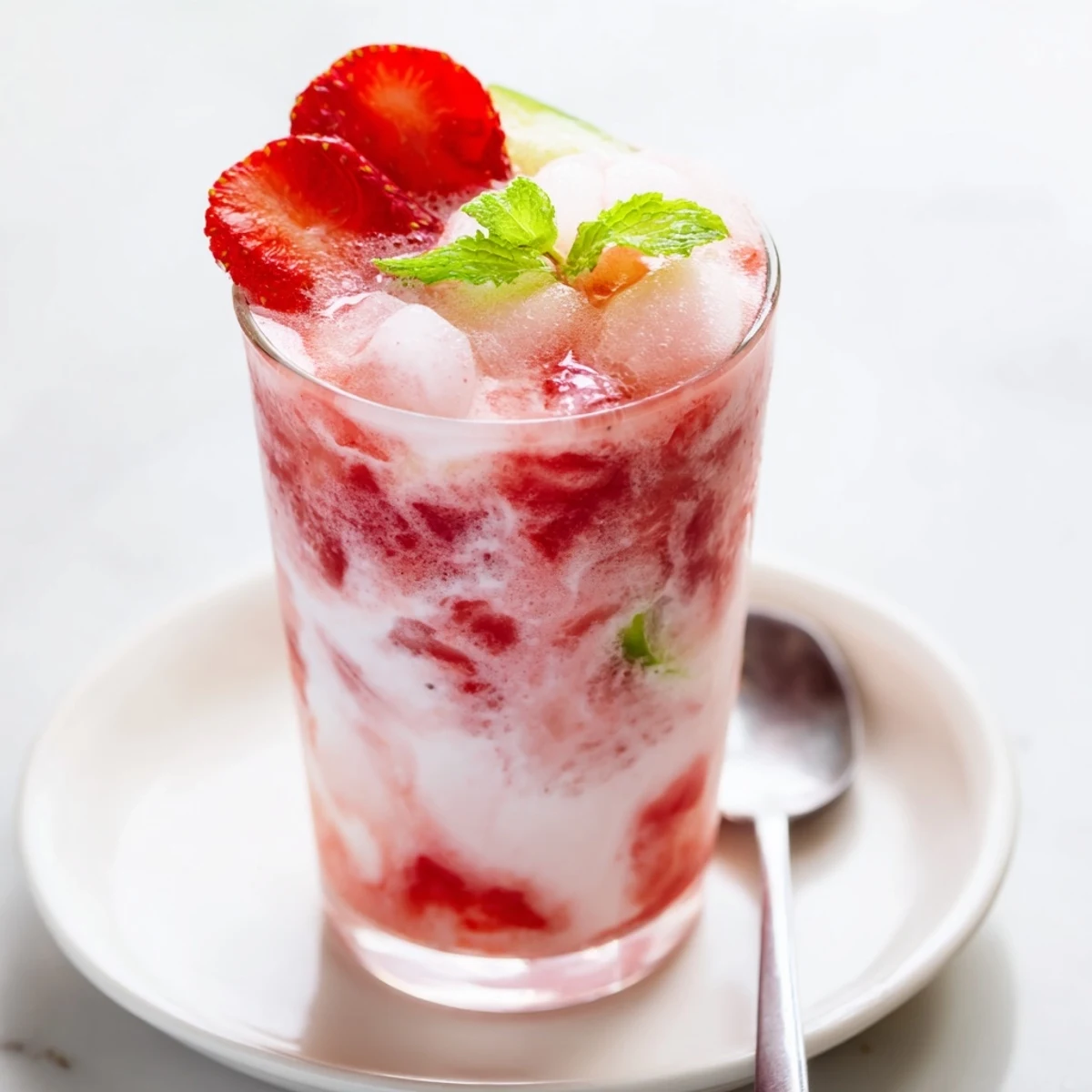 Bright, creamy Strawberry Coconut Cooler Recipe blended with ice, garnished with strawberry slice.