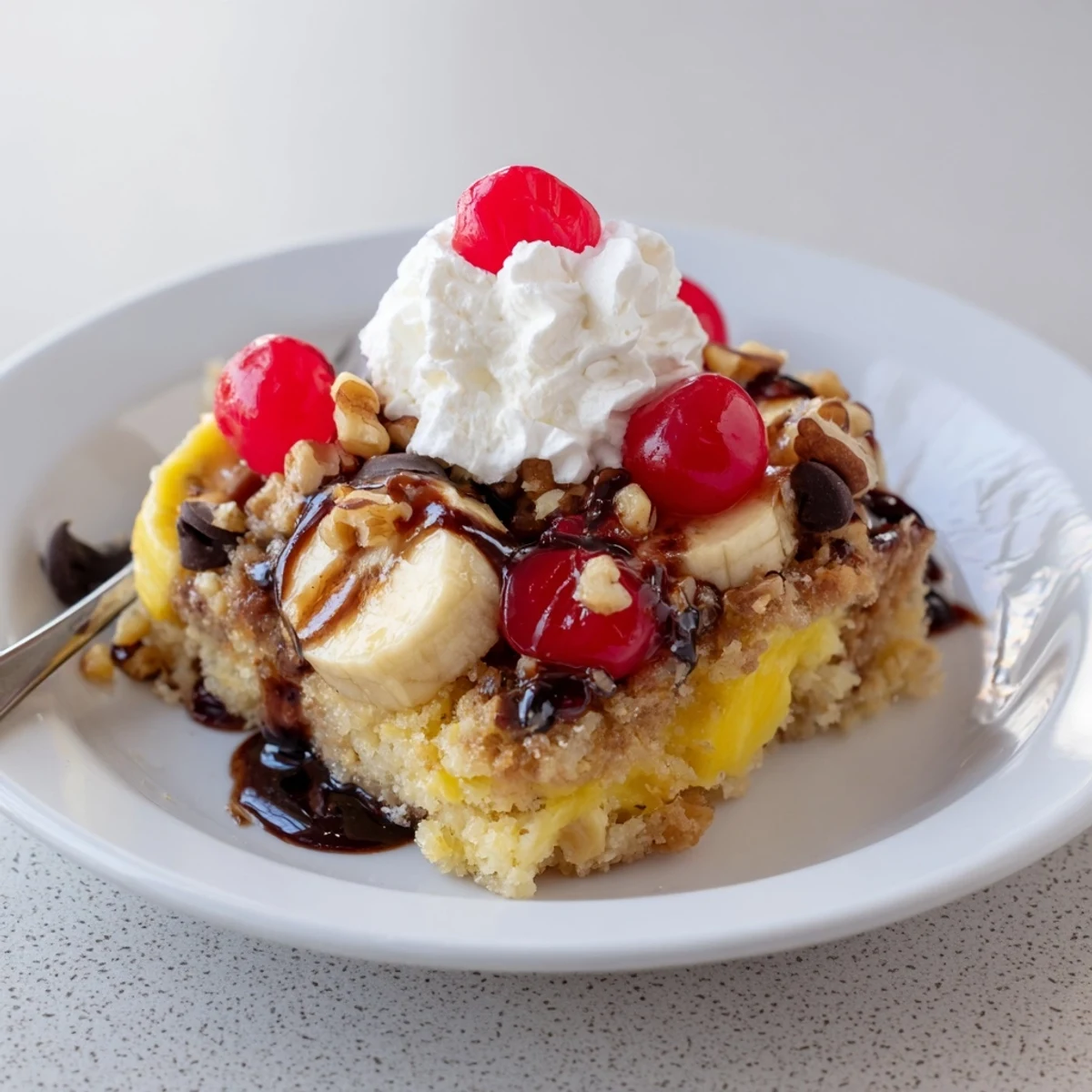 Warm Banana Split Dump Cake bubbling at edges, golden top, cherries and chocolate.