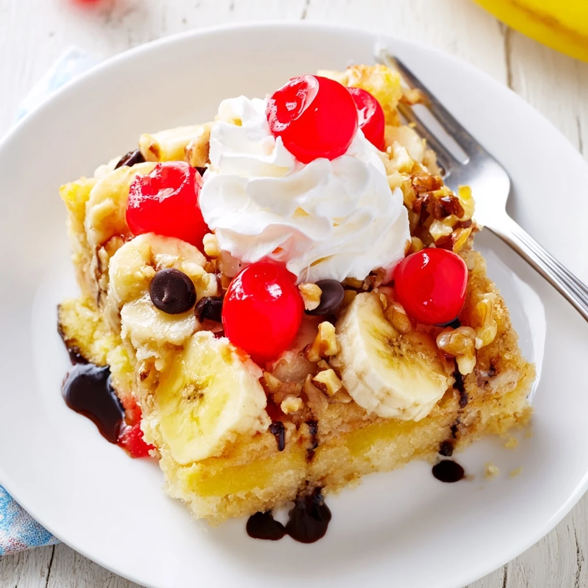 Sliced bananas and pineapple peeking under Banana Split Dump Cake, creamy whipped topping.