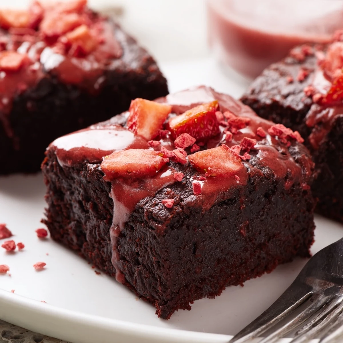 Strawberry Brownies Recipe: fudgy squares glazed pink, served with fresh strawberries.