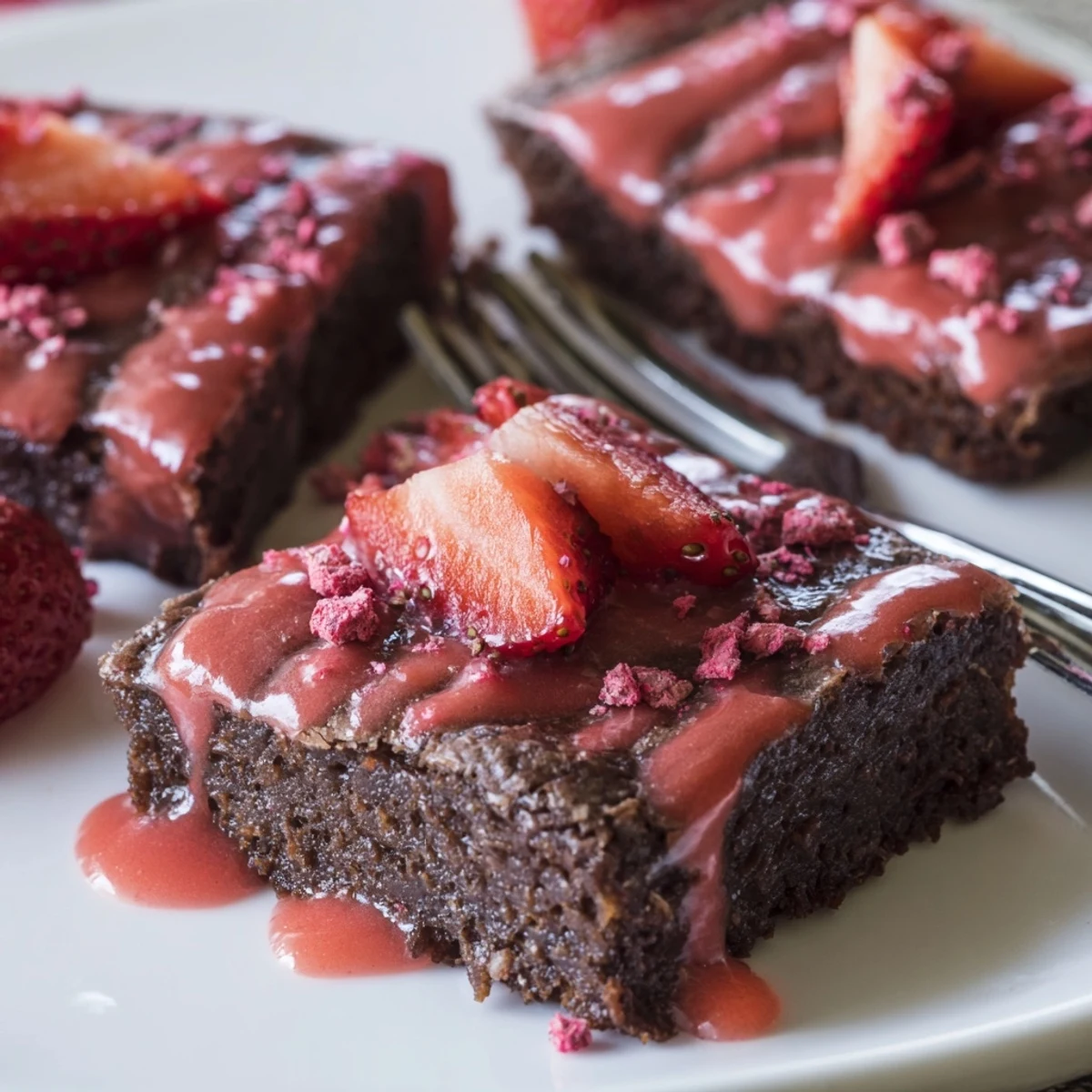 A close-up of Strawberry Brownies Recipe showing glossy strawberry glaze and crumbs.