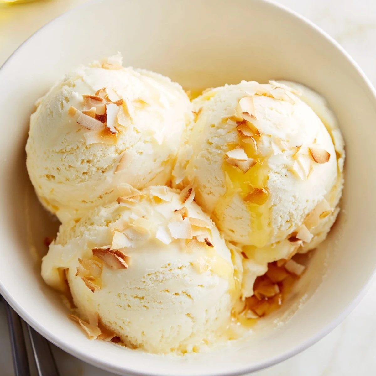 Creamy Pineapple Ice Cream scoops melting slightly, tropical aroma, summer dessert