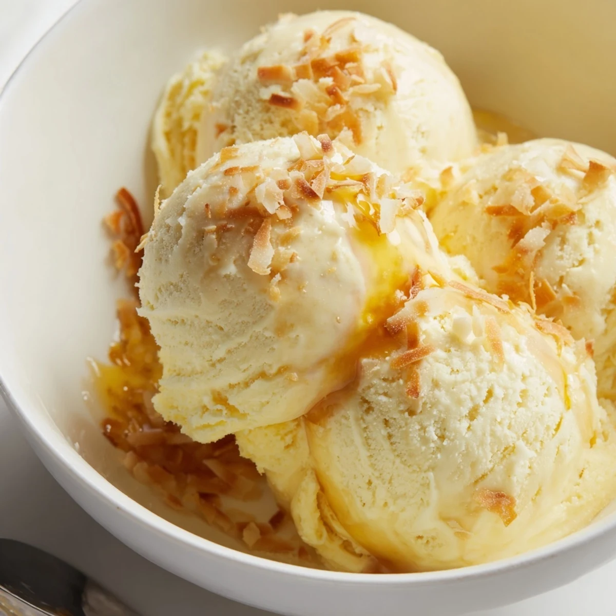 Homemade Creamy Pineapple Ice Cream churned, chilled, served in waffle cones