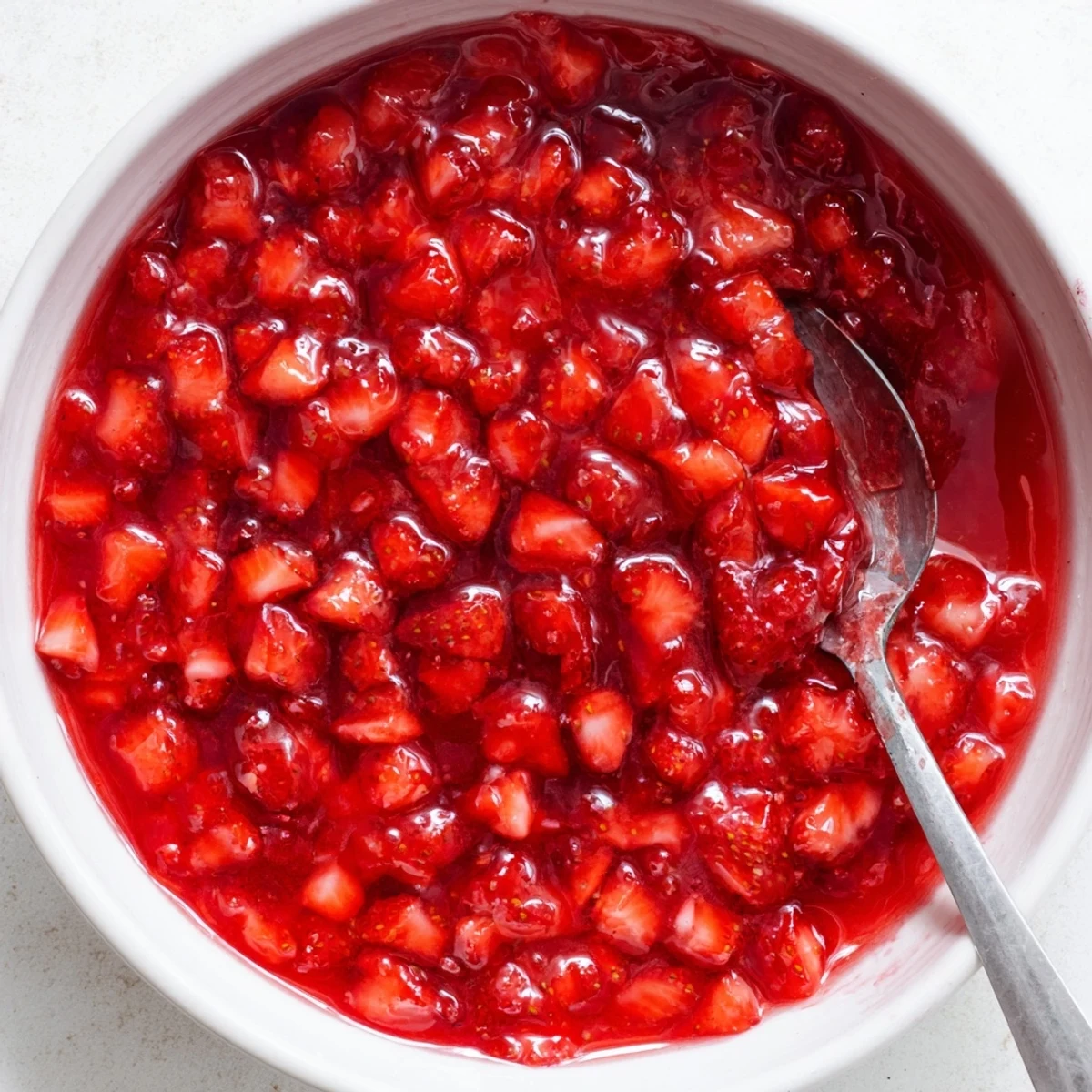 Glossy Strawberry Cake Filling Recipe in a saucepan, steaming, spoon ready.