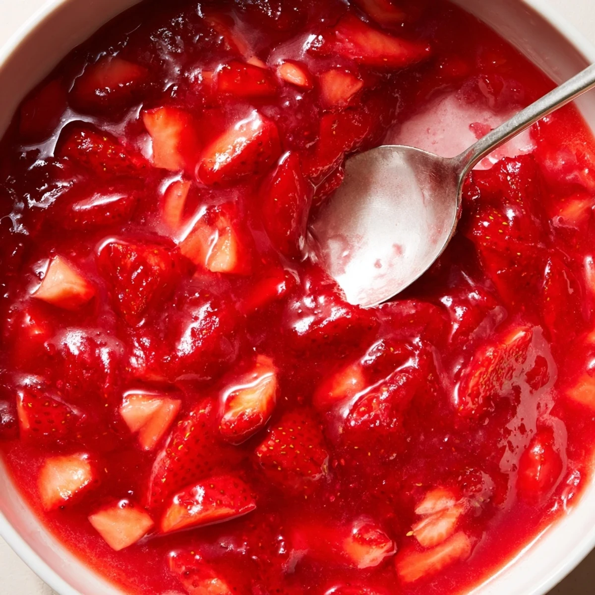 Fresh strawberry texture of Strawberry Cake Filling Recipe, glossy, sweet-tart, perfect for cupcakes.