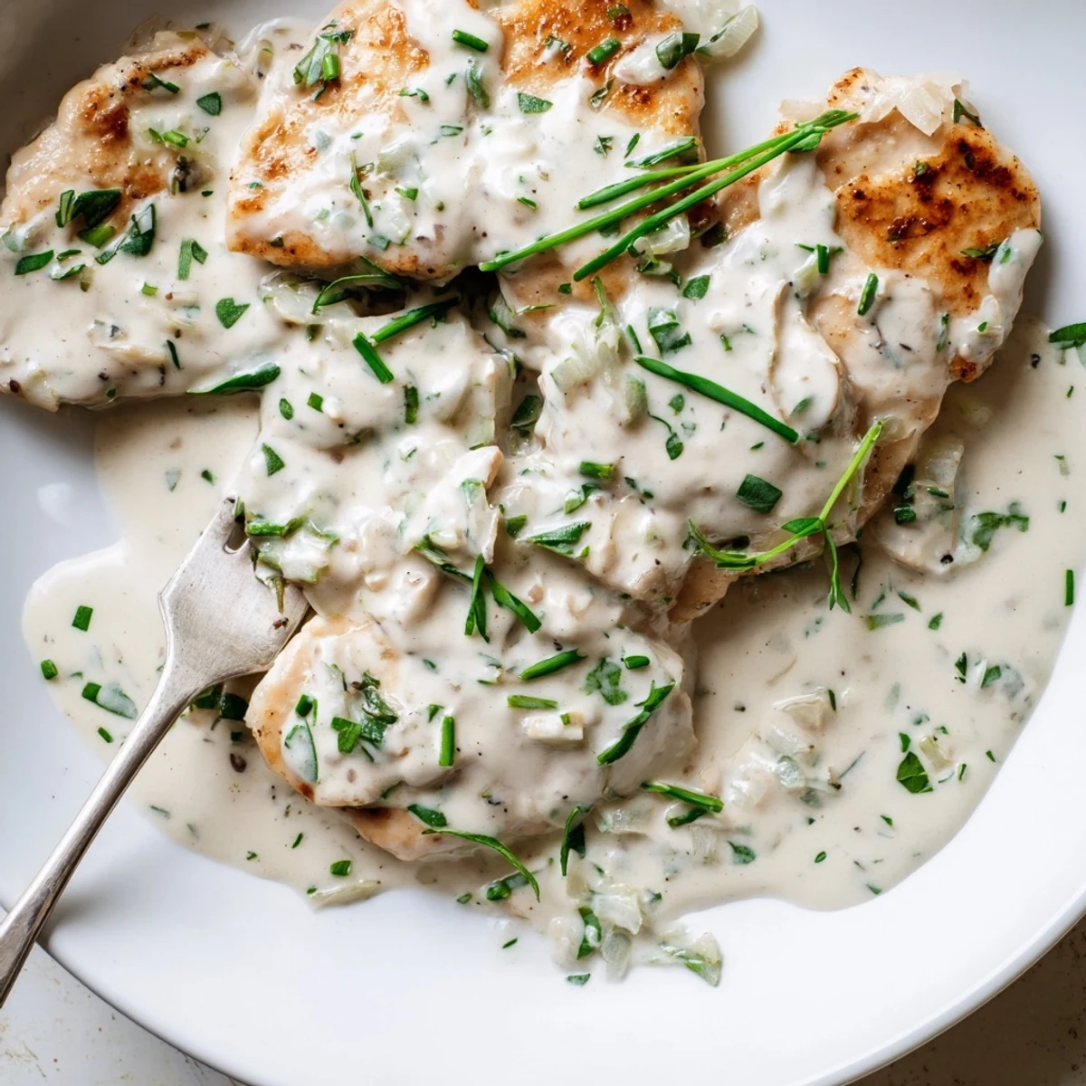 Golden pan-seared chicken breasts resting in a rich white herb sauce with fresh parsley garnish