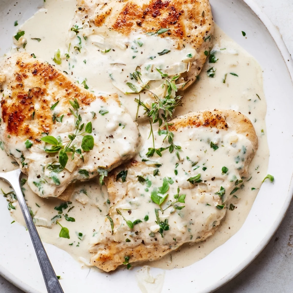 Creamy herb chicken dish served hot with chopped green onions and basil in a cast iron skillet