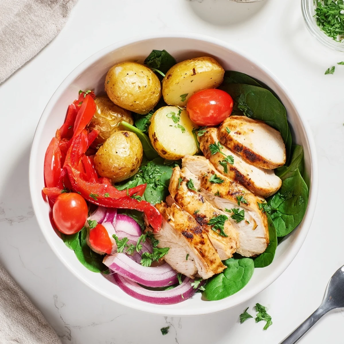 Golden roasted chicken and crispy potato bowl arranged with fresh vegetables for a healthy dinner