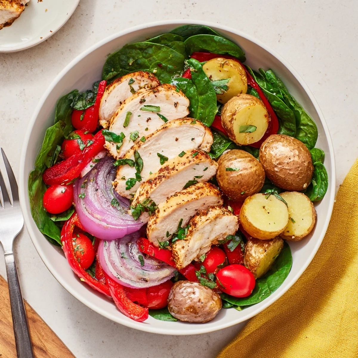 Sliced grilled chicken atop seasoned roasted potatoes and colorful veggies in a nutritious meal bowl