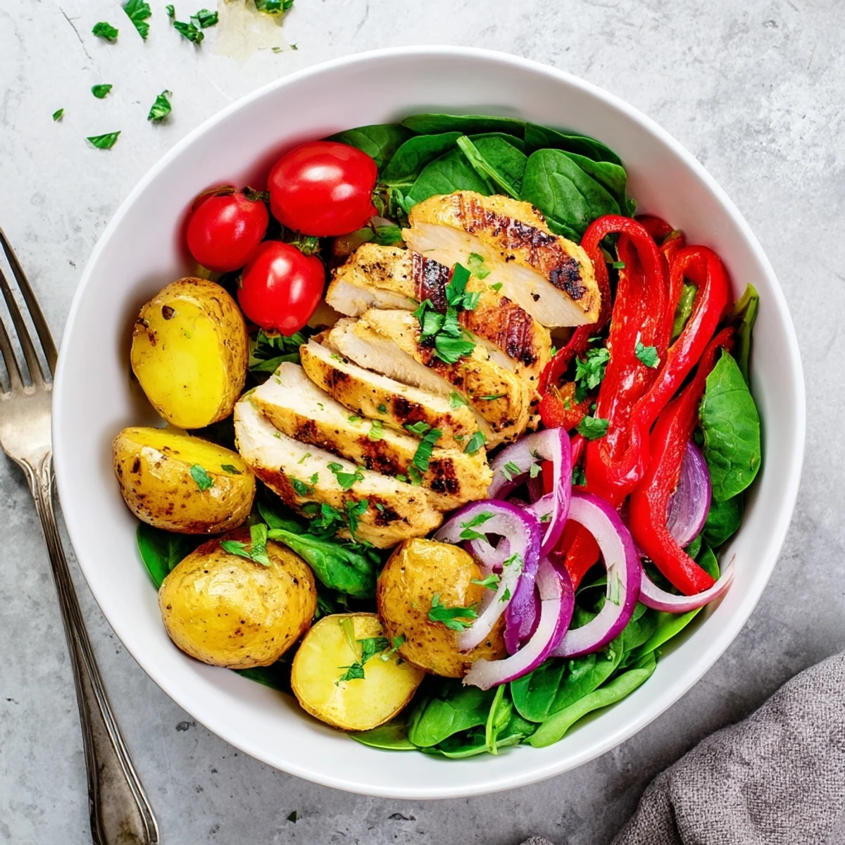 Lean chicken breast with tender roasted baby potatoes served over spinach with colorful bell peppers