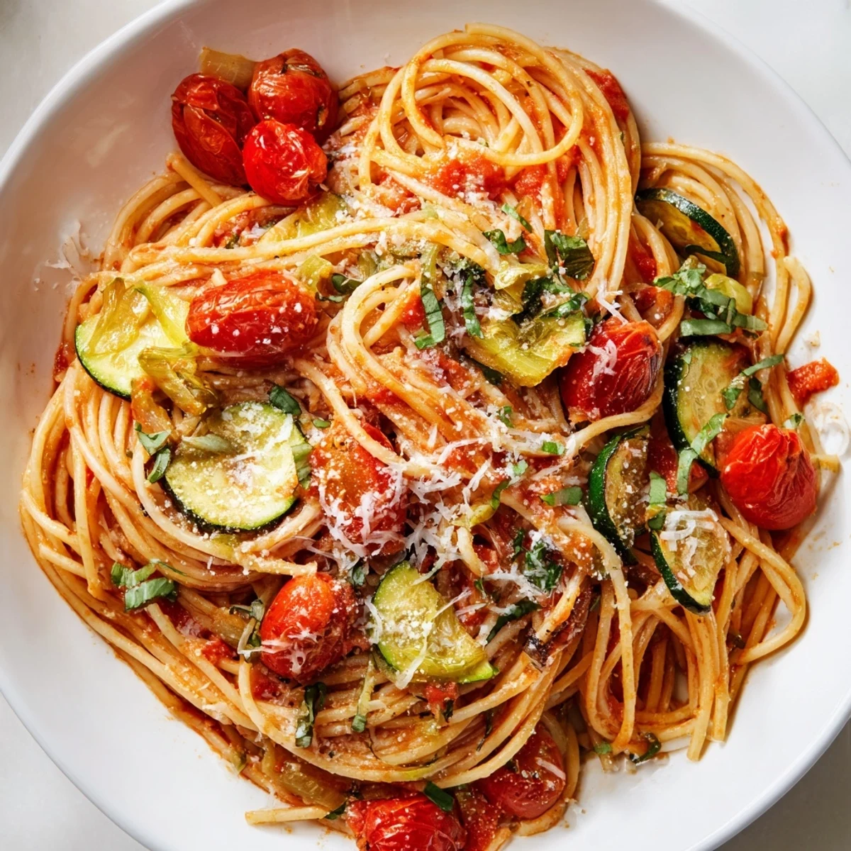 Golden tomato zucchini pasta tossed in a white bowl with fresh green basil sprinkled on top
