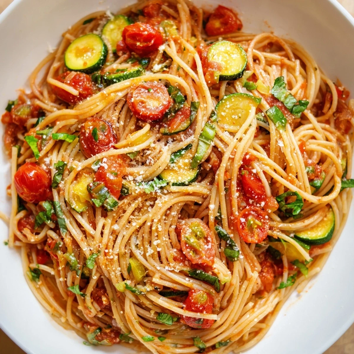 Vibrant tomato zucchini pasta featuring tender zucchini slices and halved cherry tomatoes coated in olive oil