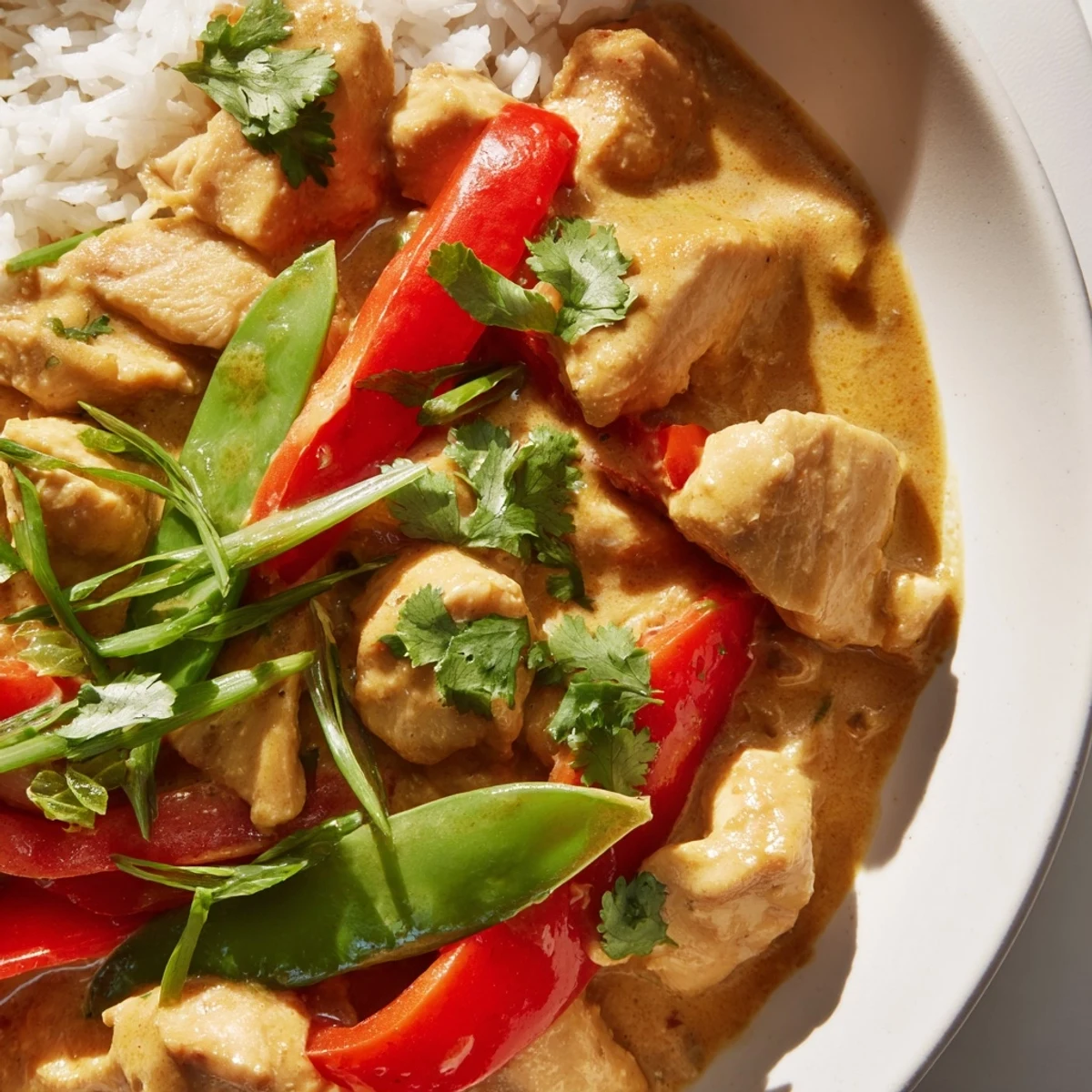 Golden coconut chicken rice bowl featuring tender meat in rich creamy sauce over fluffy jasmine rice