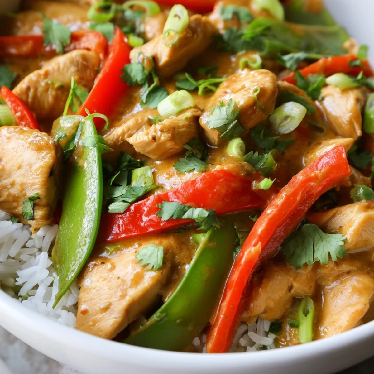 Vibrant bowl of creamy coconut chicken with crisp bell peppers snap peas and fragrant white rice