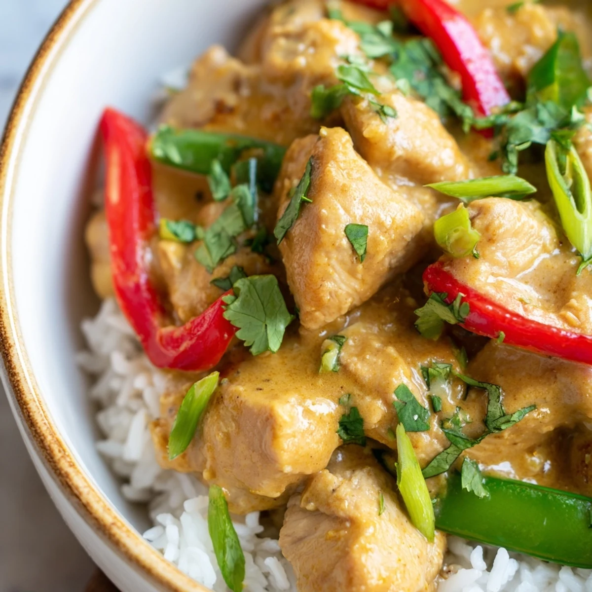 Hearty coconut chicken rice bowl topped with fresh cilantro spring onions and toasted coconut flakes