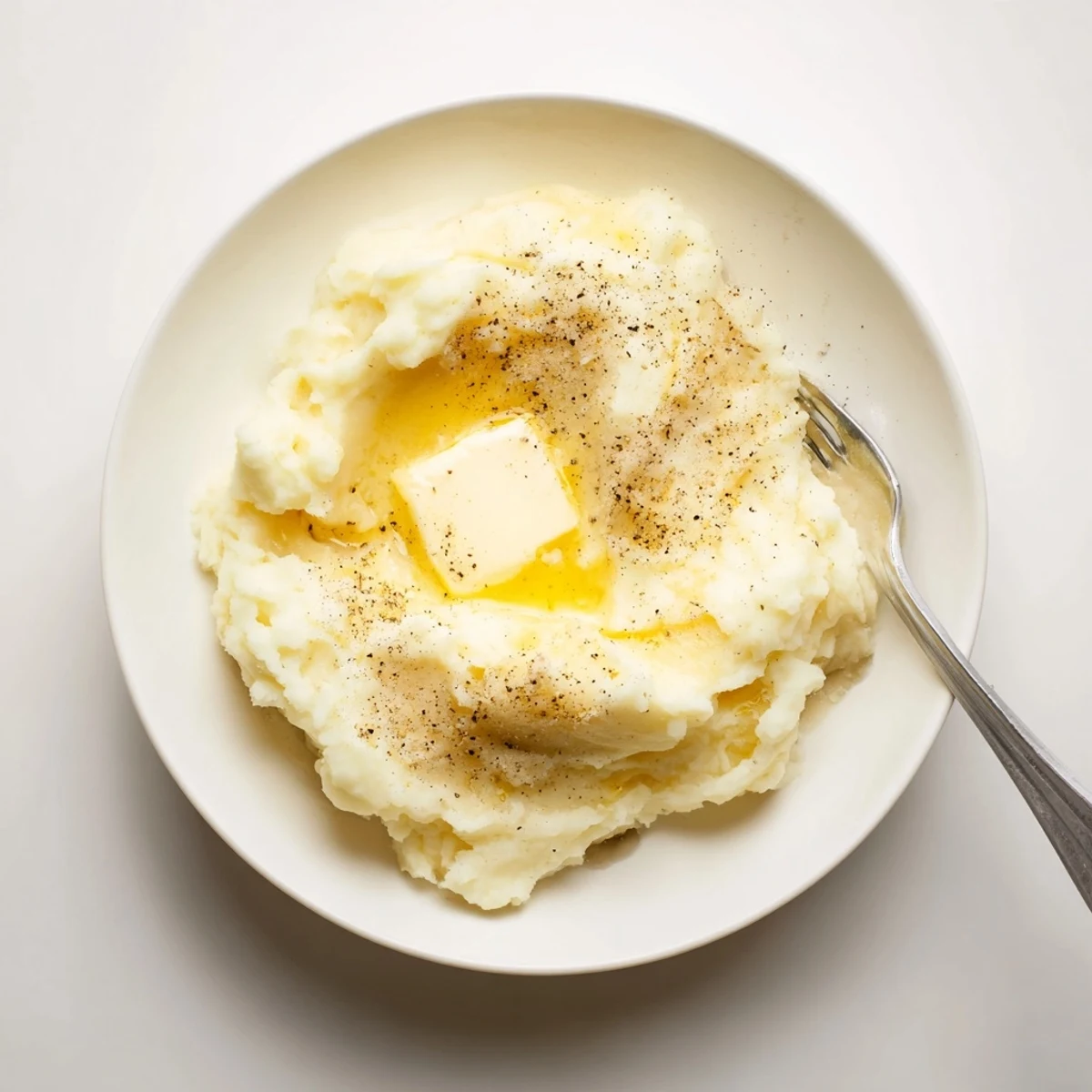 Creamy mashed potatoes piled high in a white serving bowl with melted butter