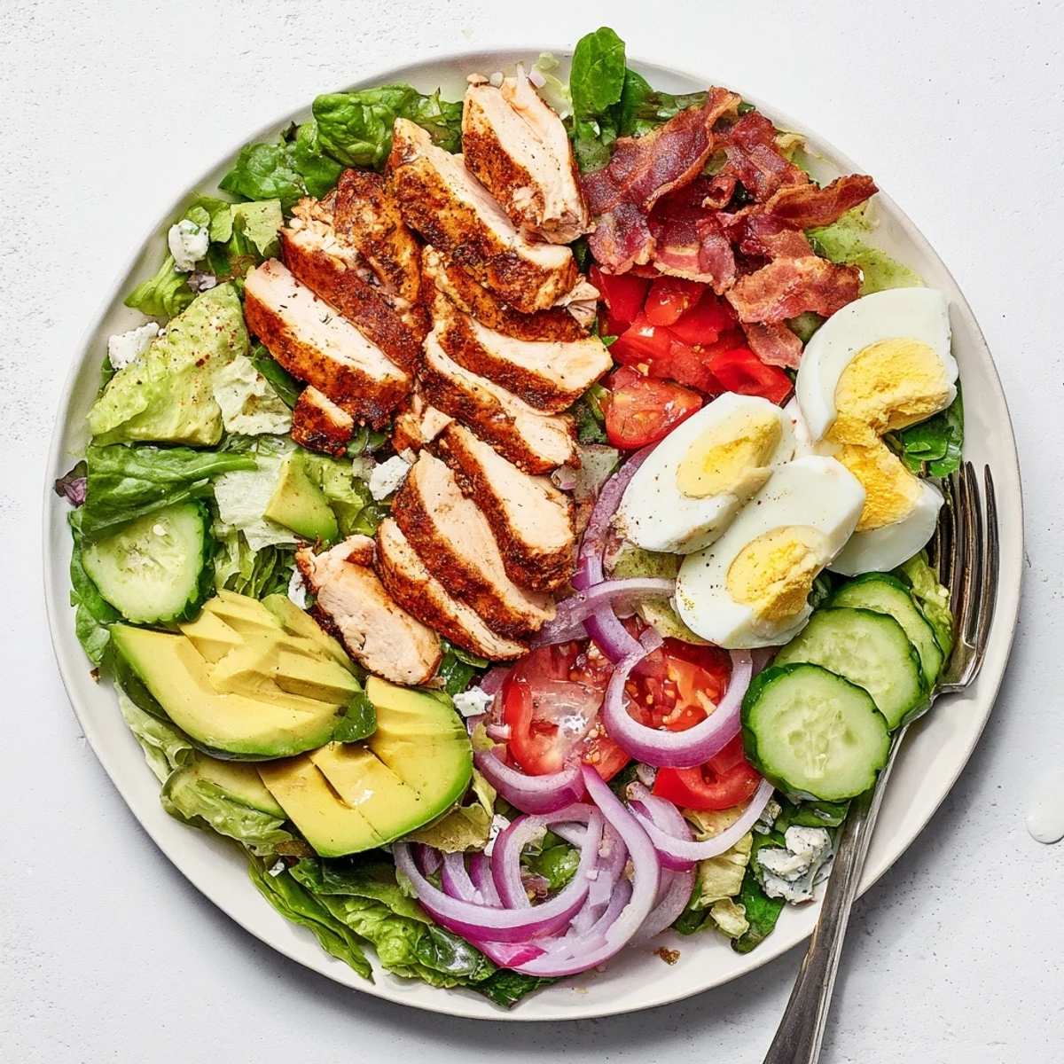 Colorful Paleo Grilled Chicken Cobb Salad plated with mixed greens, cherry tomatoes, and sliced grilled chicken