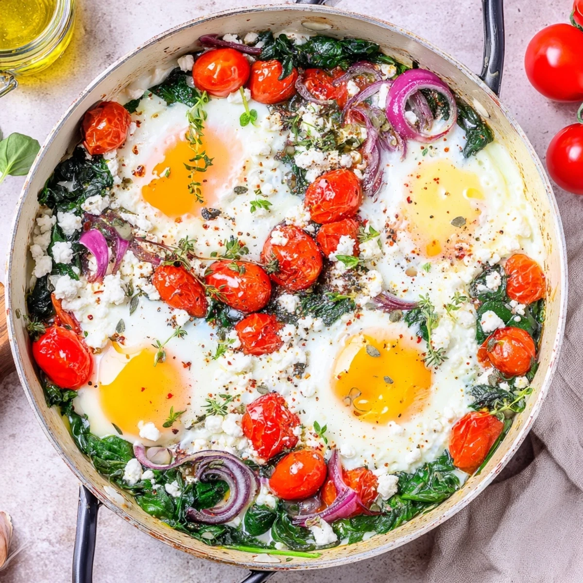 Creamy Mediterranean baked feta eggs featuring runny yolks nestled among wilted spinach and cherry tomatoes