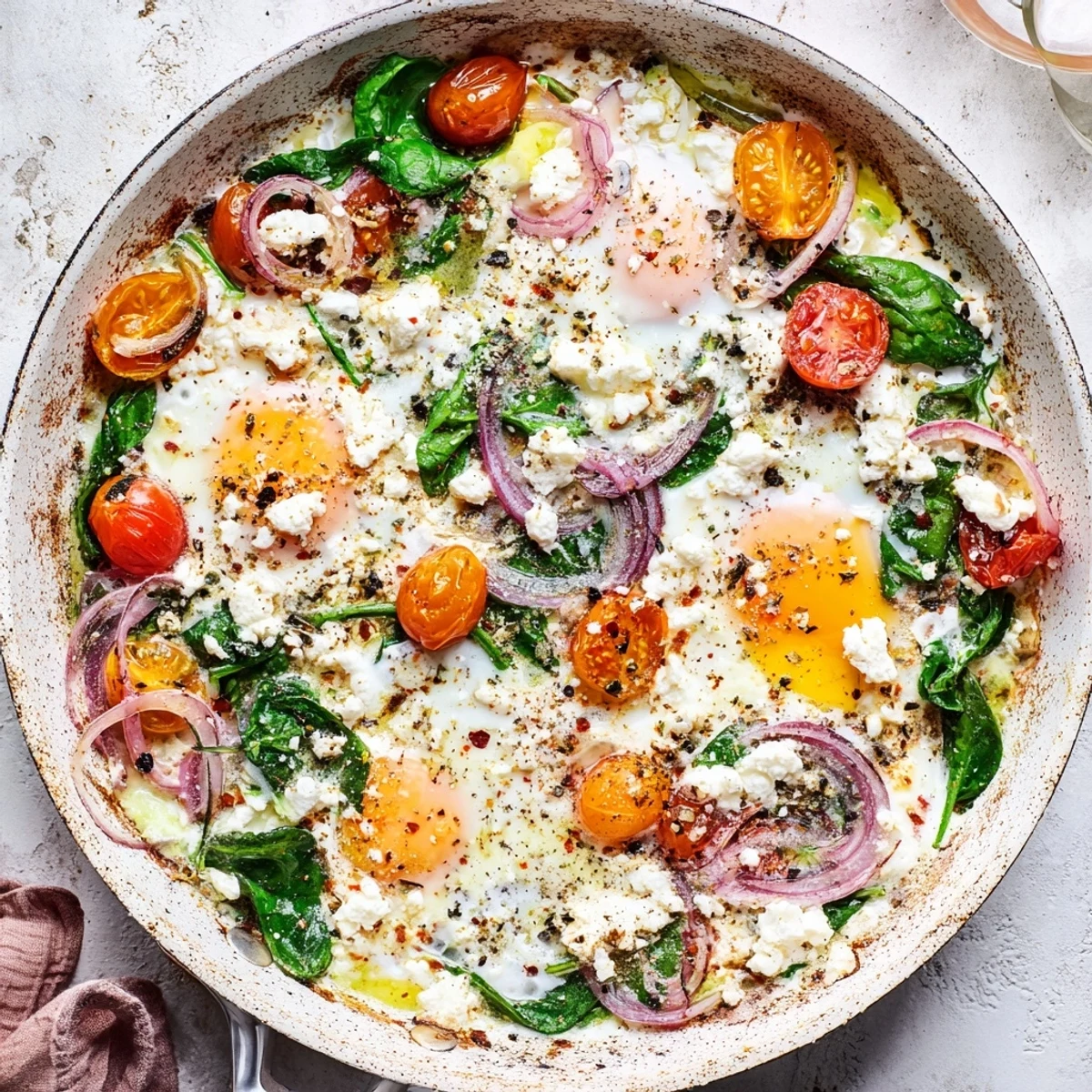 Golden baked feta eggs with juicy tomatoes and fresh spinach in a white skillet