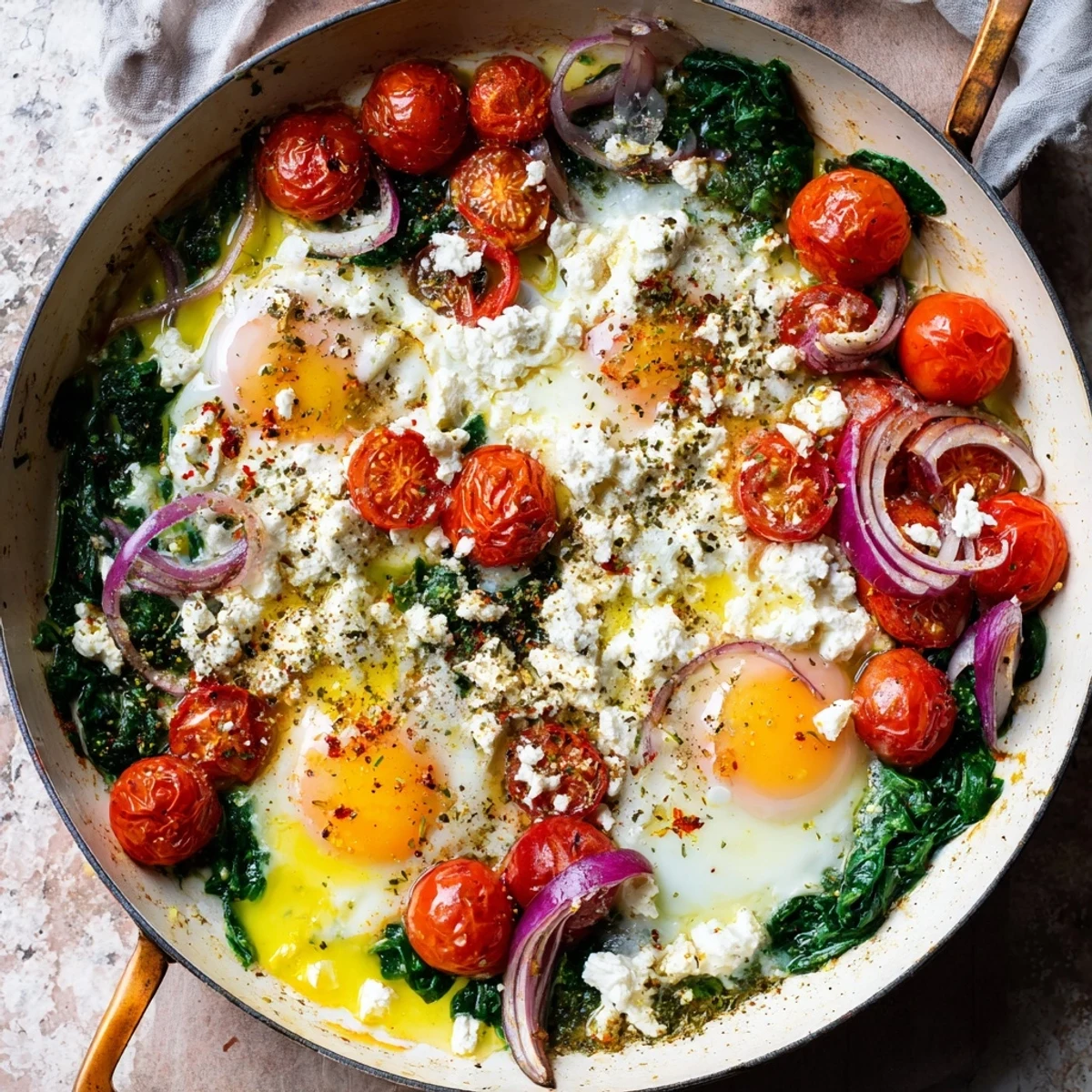Oven-baked feta eggs skillet with tender spinach, roasted tomatoes, and golden set whites