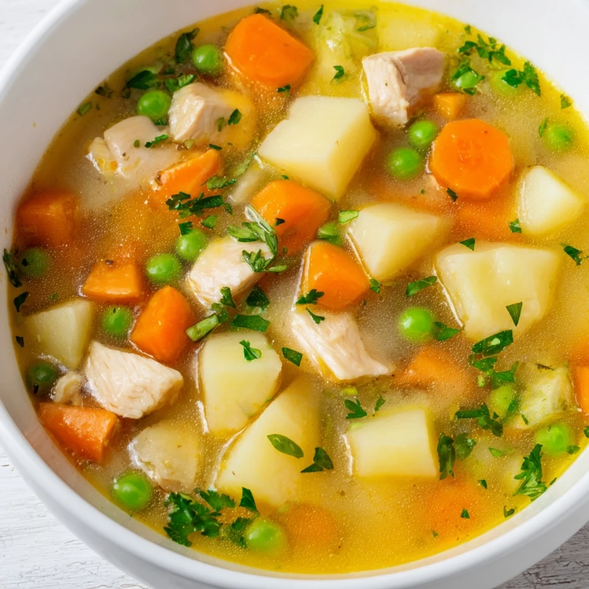 Steaming bowl of comforting chicken soup with potatoes garnished with fresh parsley
