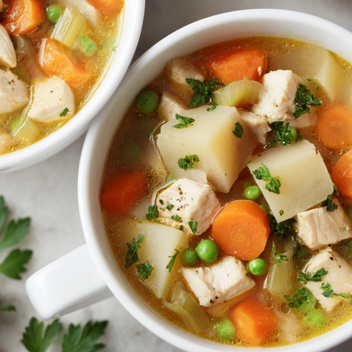 Hearty chicken soup with tender potatoes and vegetables in a rustic ceramic bowl