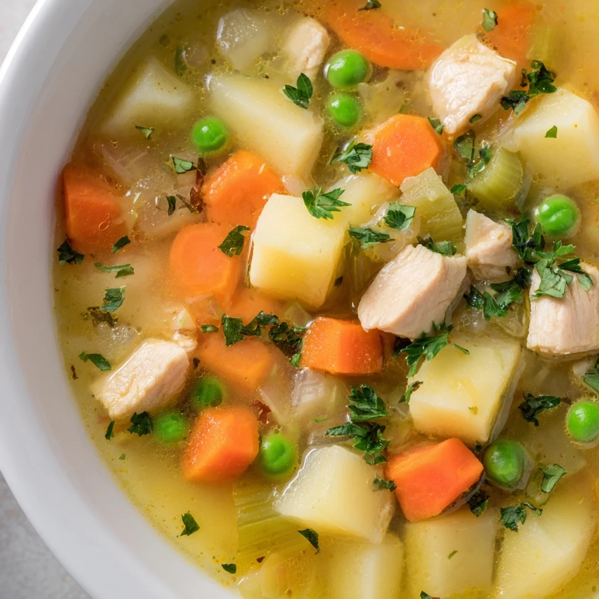 Golden comforting chicken soup with potatoes featuring chunks of chicken and colorful vegetables