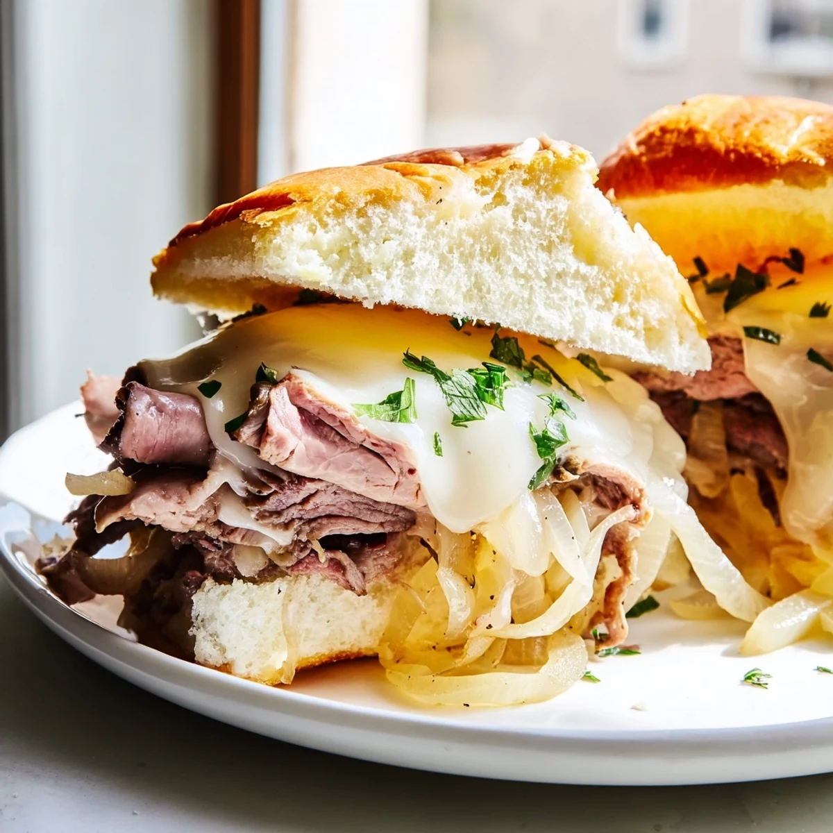 Golden French dip sliders stacked with roast beef, provolone cheese, and caramelized onions on toasted brioche rolls