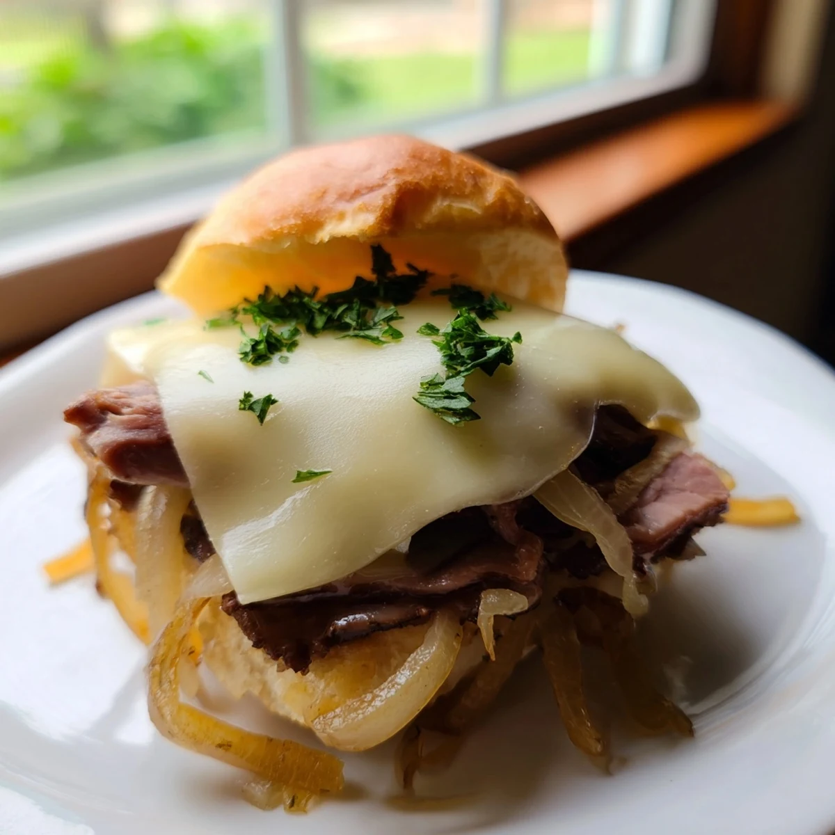 Melty provolone-topped French dip sliders arranged on a wooden board with small ramekins of rich beef au jus