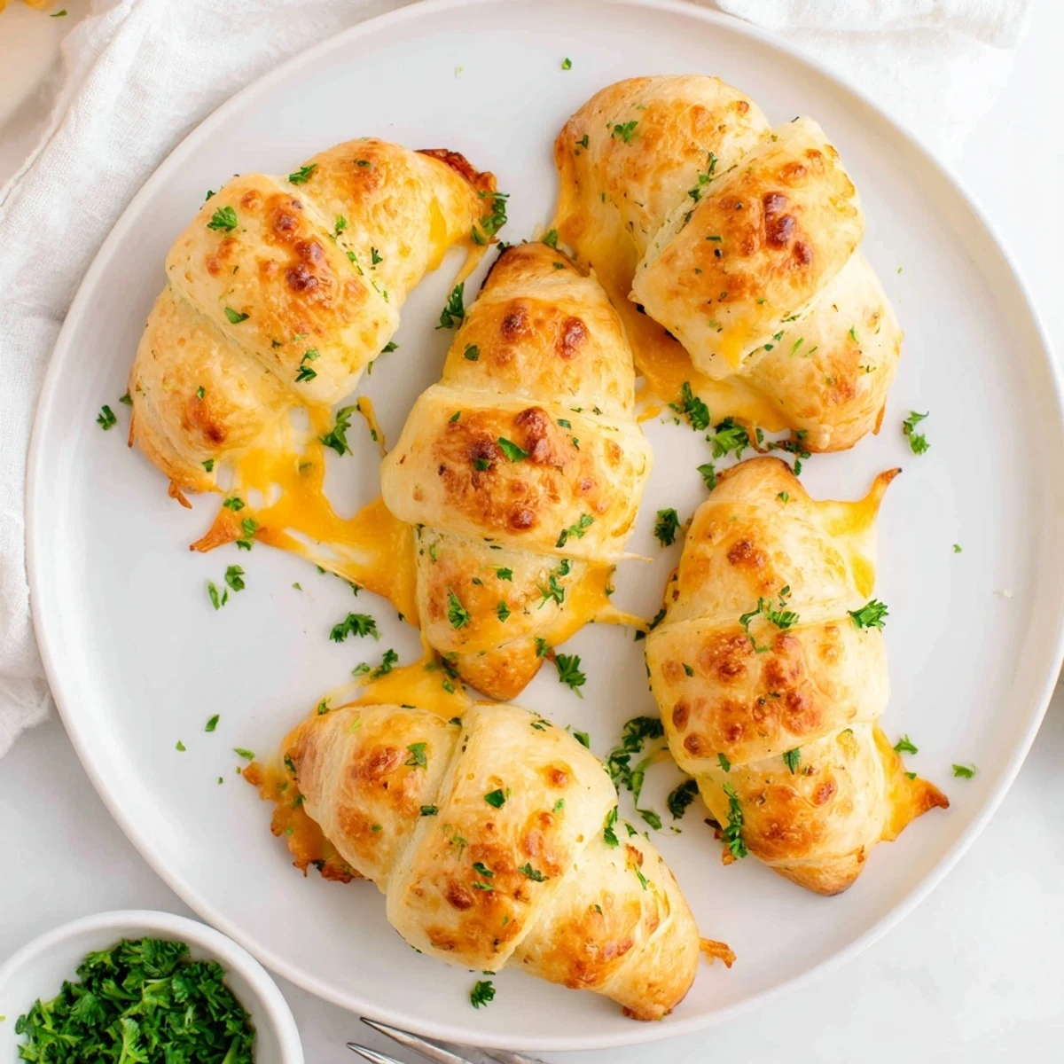 Golden cheesy garlic butter rollups fresh from the oven with bubbling melted cheese