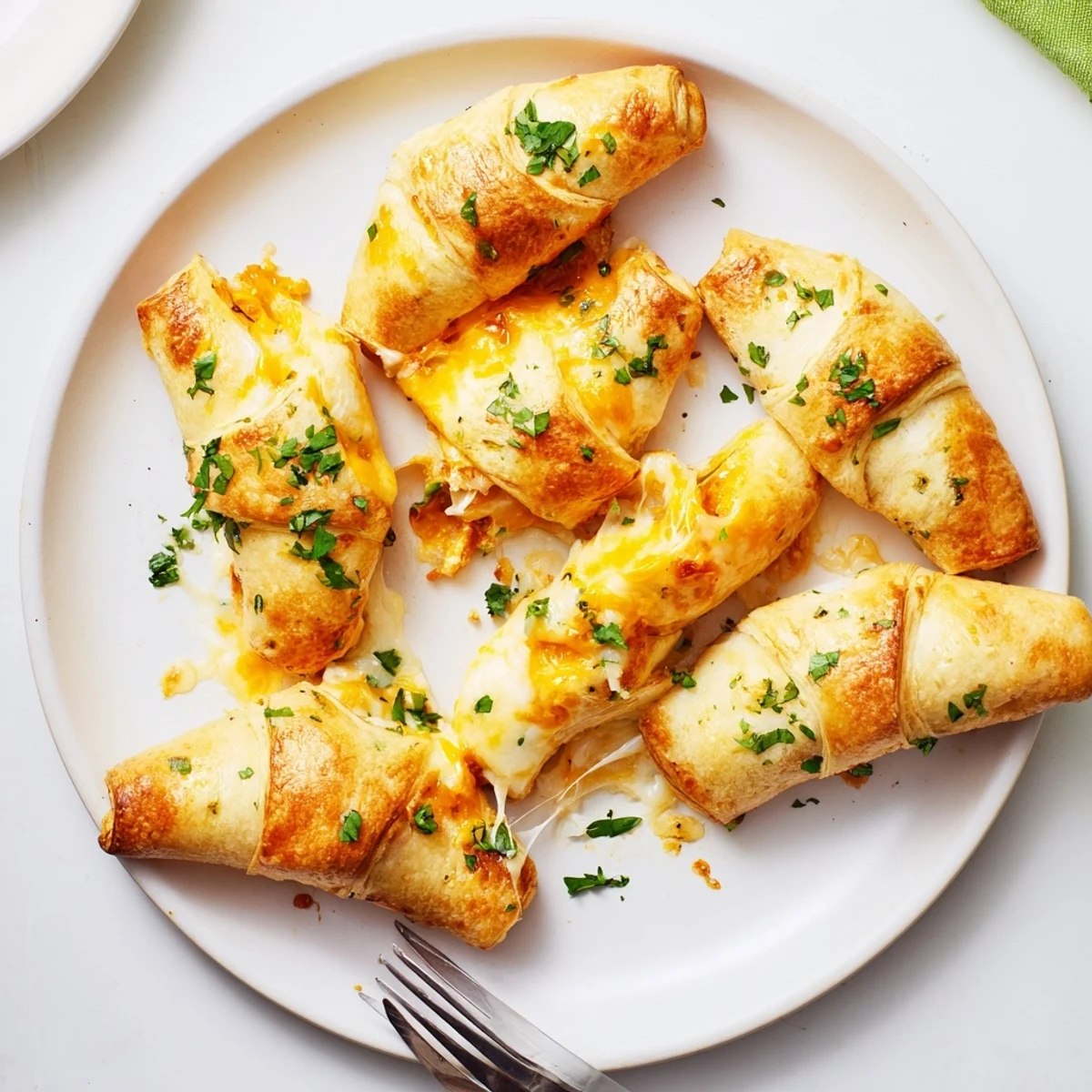 Baked crescent cheesy garlic butter rollups with golden crust and oozing cheese center