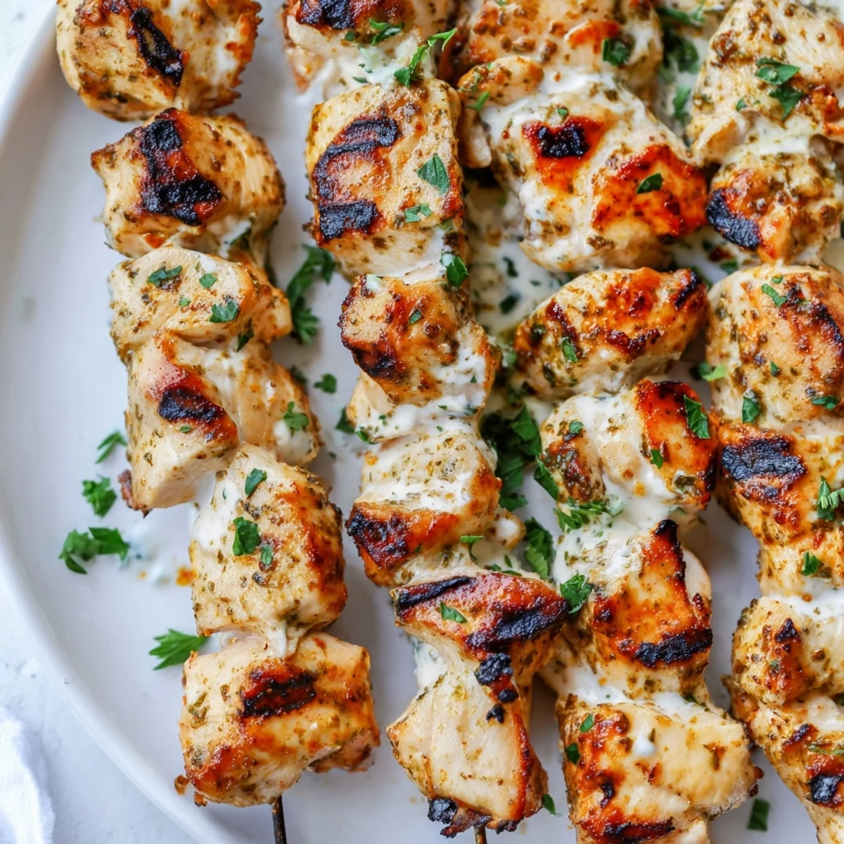 Golden grilled Greek yogurt marinated chicken skewers with tender juicy pieces and lightly charred edges on metal skewers