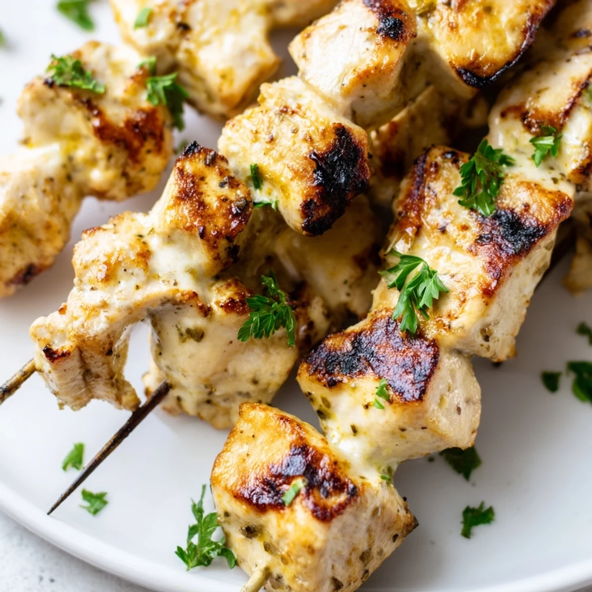 Juicy chicken kabobs coated in creamy Greek yogurt herb marinade grilled to perfection with caramelized grill marks