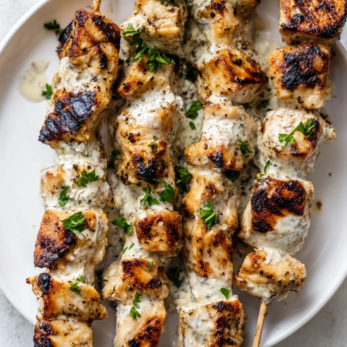 Succulent Greek yogurt marinated chicken skewers on a white plate garnished with fresh lemon wedges and green parsley