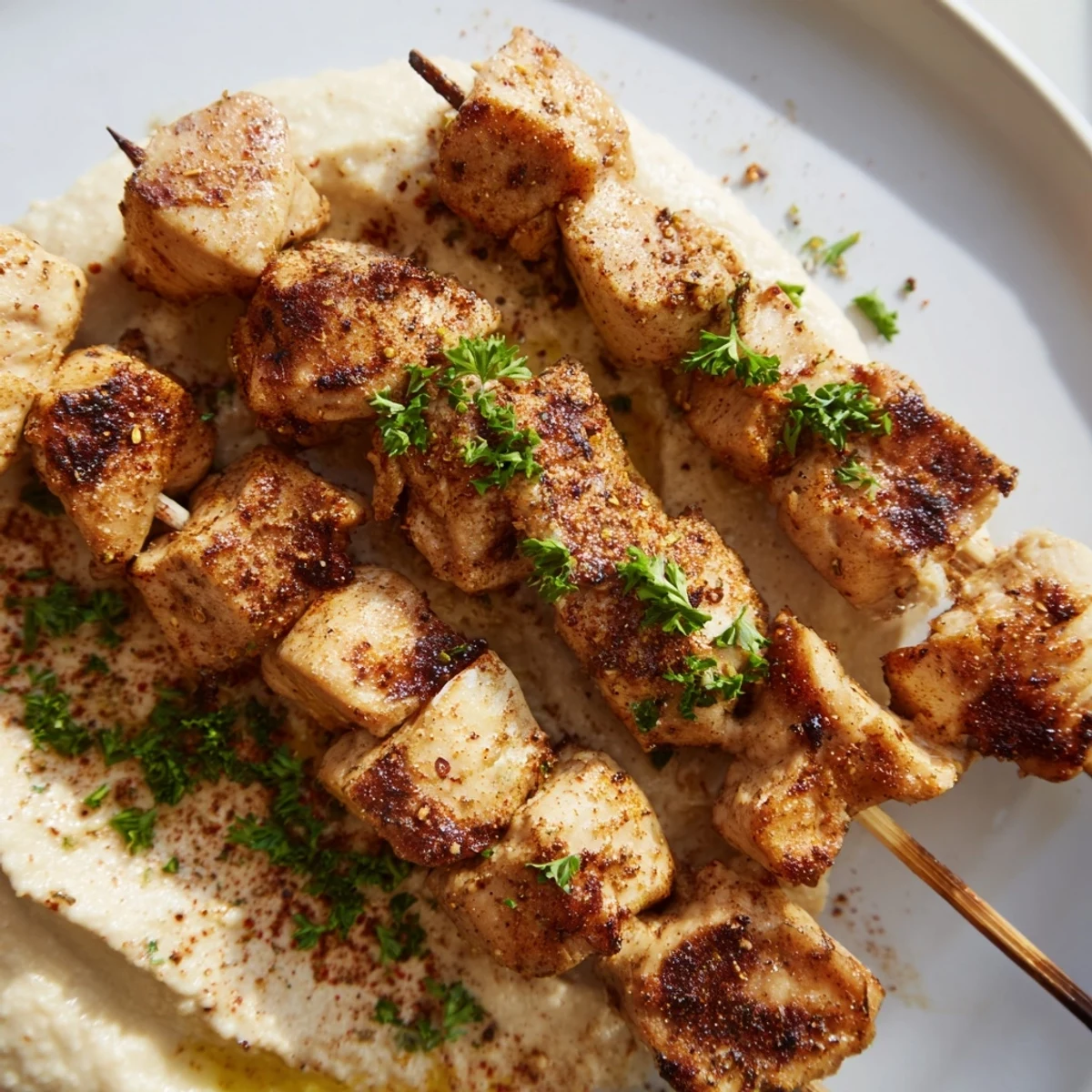 Golden grilled Mediterranean chicken skewers arranged over a bed of creamy homemade hummus spread