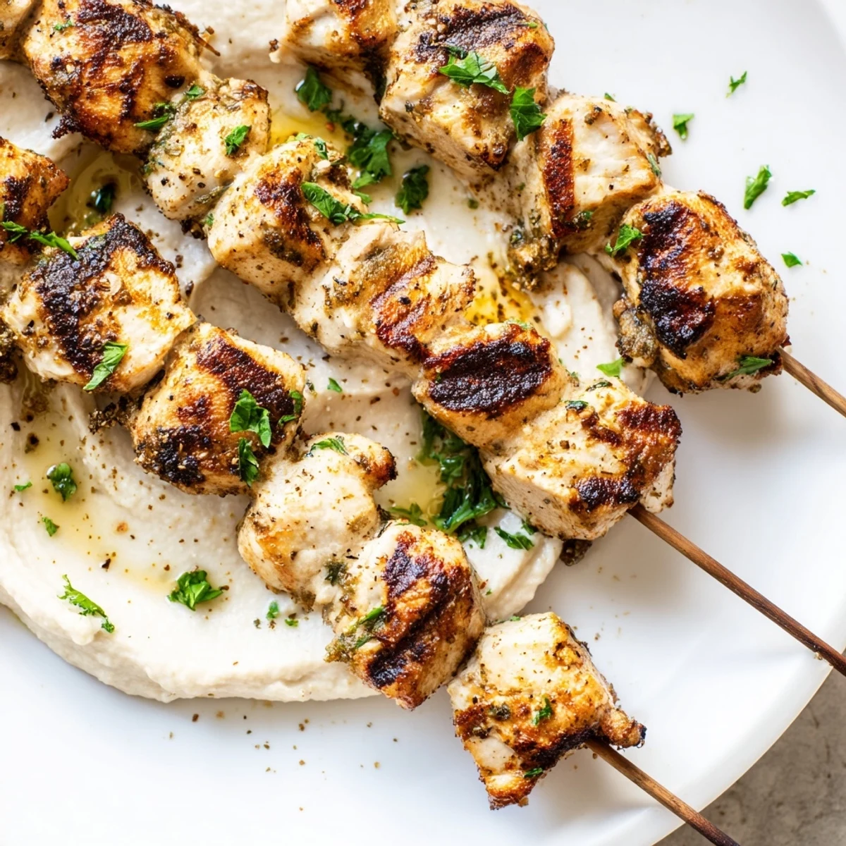 Tender charred chicken skewers plated with smooth hummus, fresh parsley garnish, and lemon wedges
