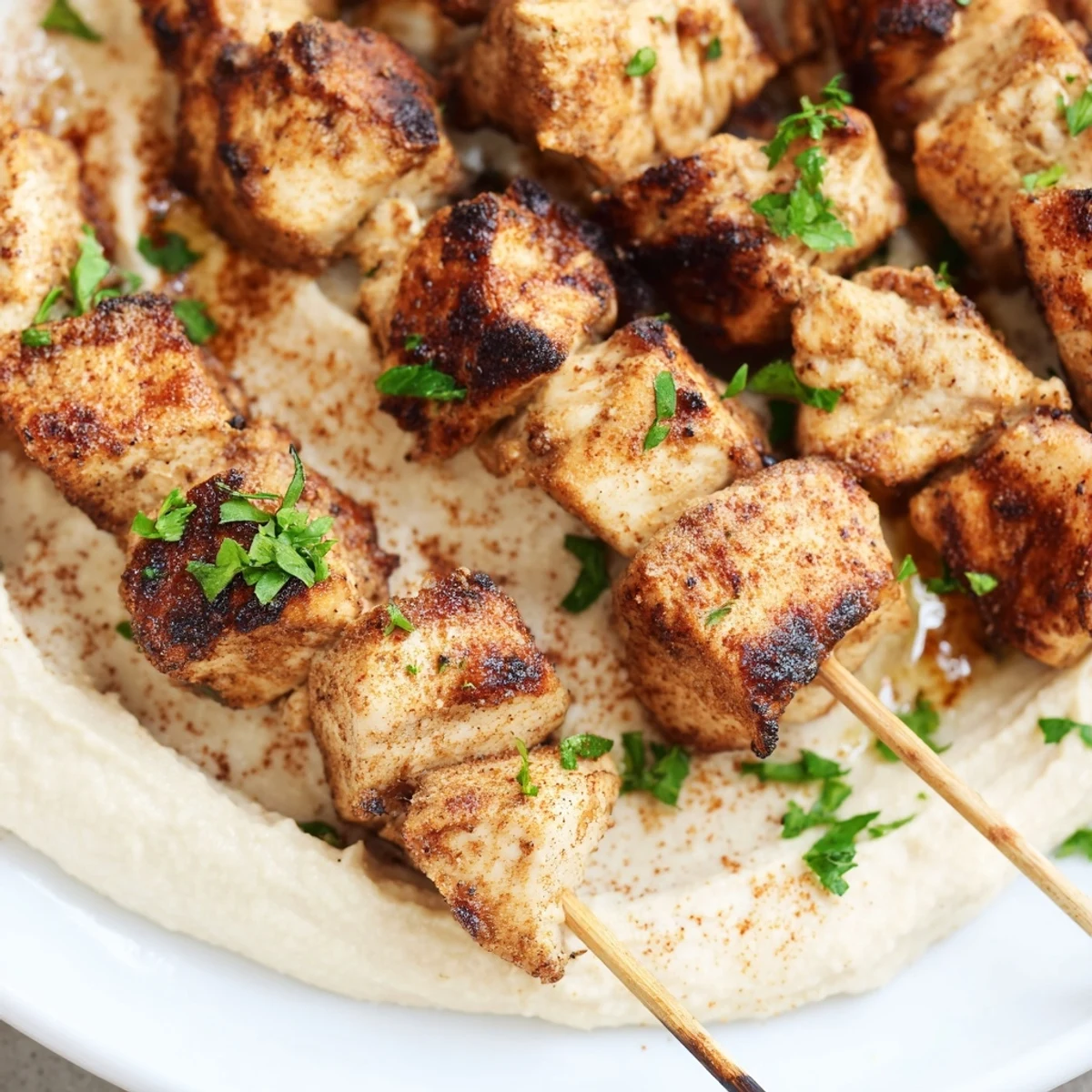 Succulent marinated chicken on skewers served atop velvety hummus spread for a Mediterranean feast