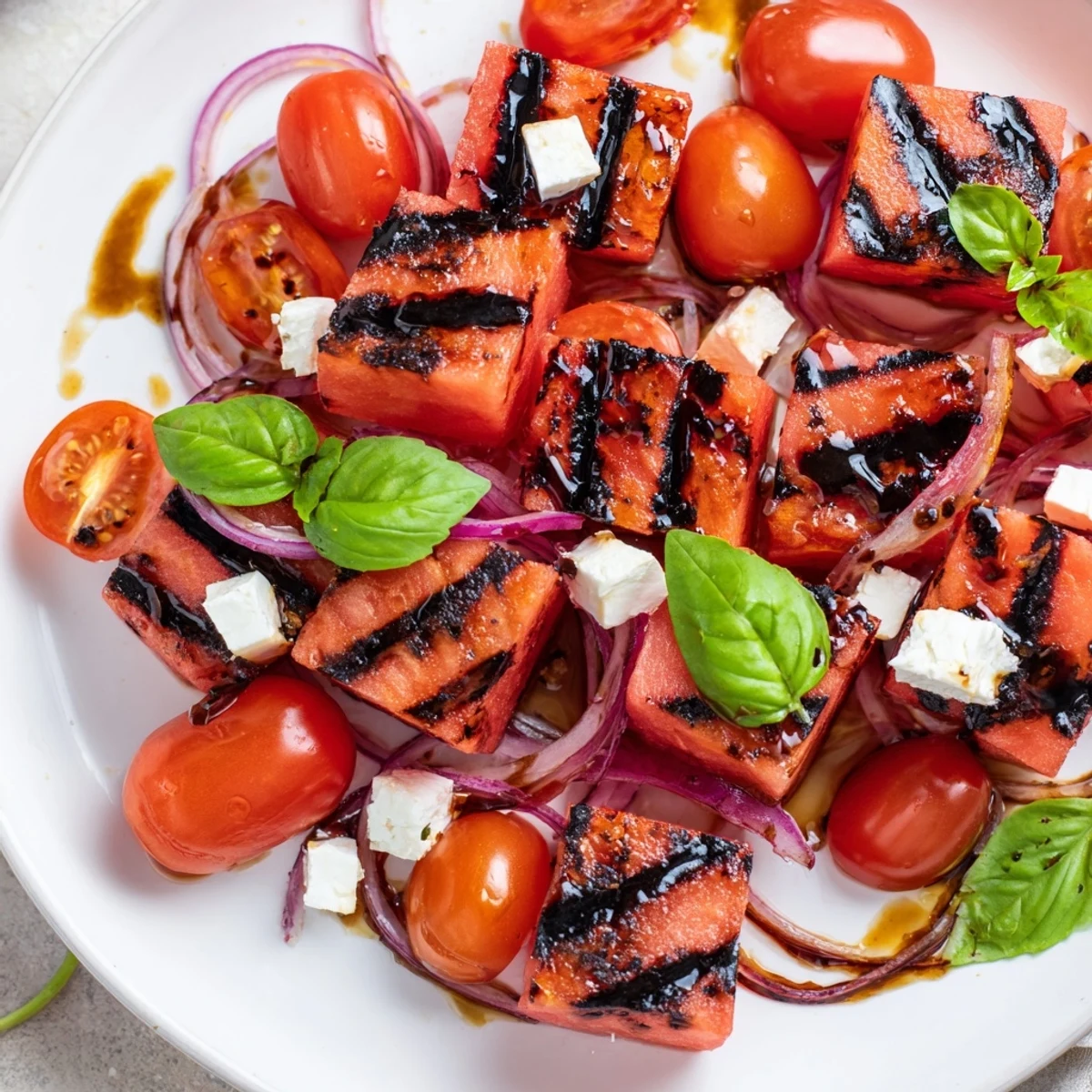 Colorful grilled watermelon feta and basil salad with cherry tomatoes on white serving platter