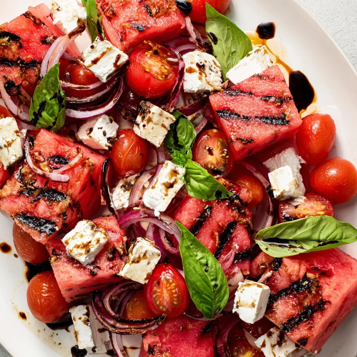 Fresh summer bowl showcasing smoky watermelon cubes topped with crumbled feta and bright green basil